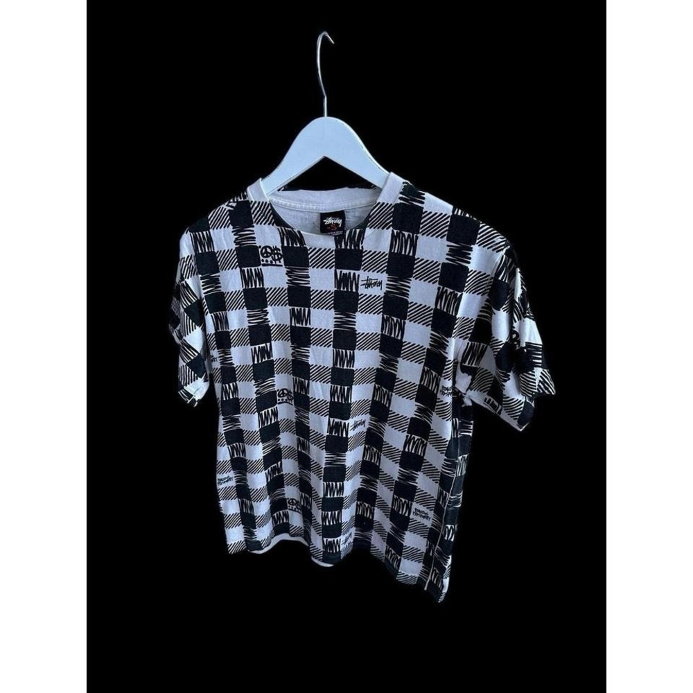 Vintage 90's‎ Stussy AOP Men's Small Tee T-Shirt Checkered Skater Streetwear - Picture 6 of 8